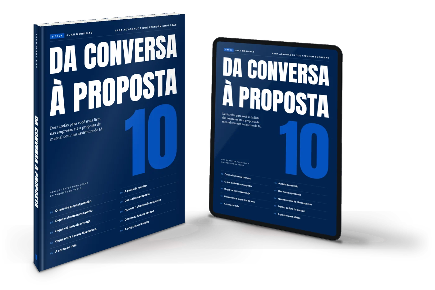 O e-book Da conversa à proposta, em livro e no tablet, com a capa de Juan Morilhas e o número 10