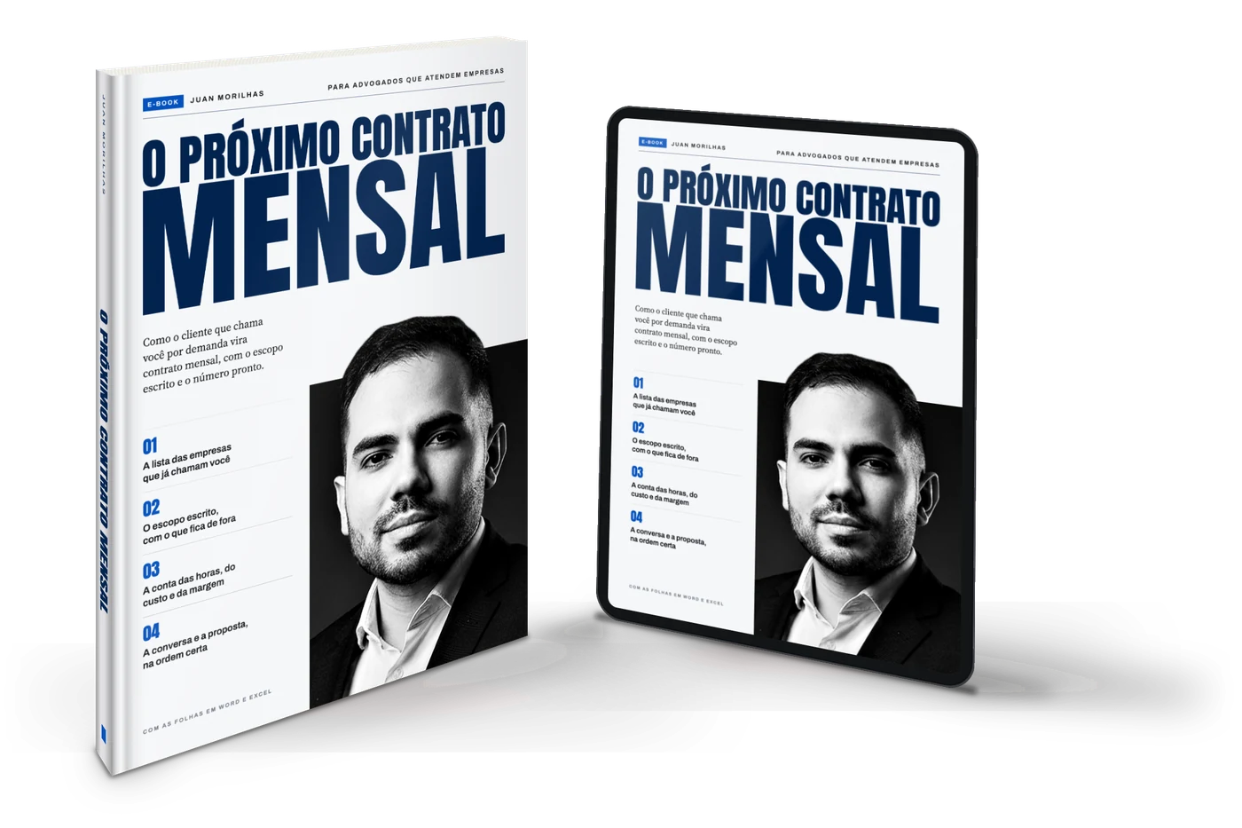 O e-book O Próximo Contrato Mensal, em livro e no tablet, com a capa de Juan Morilhas