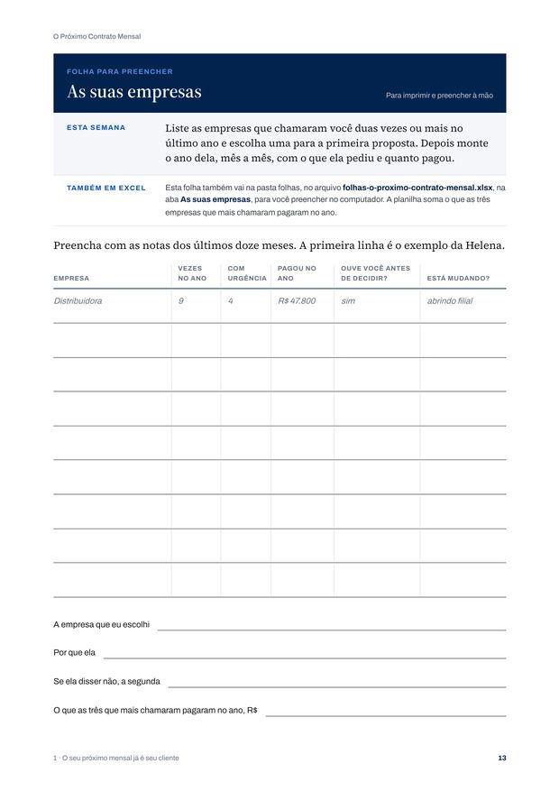 Folha do e-book para preencher com as suas empresas, que também vai na planilha em Excel
